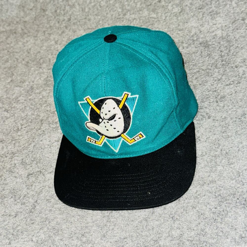 Vintage 90s Mighty Ducks Anaheim Snapback Blockhead Hat Cap NHL Hockey Promo